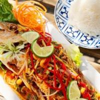 M-2 Whole Red Snapper · Choice of: MANGO SALAD - mango, red onion, mint, cashew nut, in chili lime dressing. GINGER ...