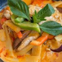 C-1 Red Curry · Bamboo shoot, eggplant, bell pepper, and basil in coconut red curry sauce.. **If you need pl...