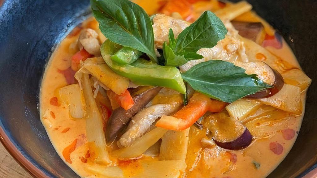 C-1 Red Curry · Bamboo shoot, eggplant, bell pepper, and basil in coconut red curry sauce.. **If you need plastic utensils, please request.**