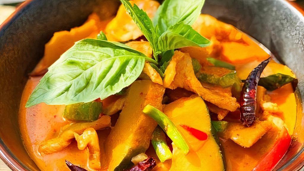 C-5 Pumpkin Curry · Pumpkin, string bean, bell pepper, and basil in red curry sauce. **If you need plastic utensils, please request.**