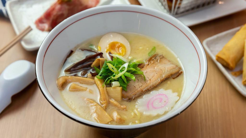 Classic Tonkotsu · Pork Broth 
Topppings: Pork Chashu, menma (bamboo shoots), kikurage (mushroom), egg, naruto (japanese fishcake)