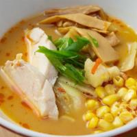 Miso Ramen · Mild. Chicken Broth 
Toppings: Miso Sauce, chicken chashu, menma (bamboo shoots), corn, mixe...