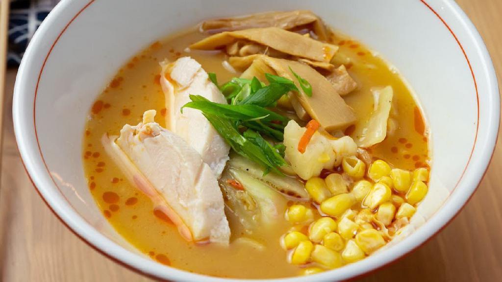 Miso Ramen · Mild. Chicken Broth 
Toppings: Miso Sauce, chicken chashu, menma (bamboo shoots), corn, mixed vegetables