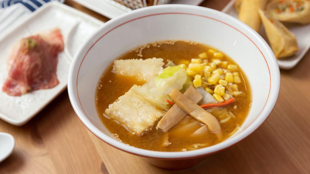 Miso Ramen (Vegetarian) · Miso Broth (no meat) 
Toppings: Miso, fried tofu, menma (bamboo shoots), corn, mixed vegetables