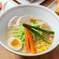 Shio Ramen · Chicken Broth
Toppings: Chicken Chashu, egg, scallions, fried asparagus & Carrot, rosemary, ...