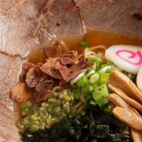 Beef Ramen · Beef Broth with toppings: Housemade Shoyu Tonkotsu sauce, slow-cooked roasted beef, marinate...