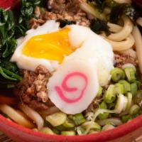 Niku Udon (Beef)  · Onsen Egg, slow-cooked beef, wakame, scallions, naruto, spinach with fish base soup