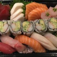 Sushi And  Sashimi Combo · Chefs choose five pieces of sushi nine pieces of sashimi and a california roll. served with ...