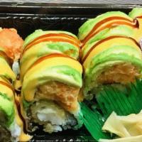 Bomb Lobster · Lobster tempura, crab meat inside, avocado, spicy lobster on top with spicy mayo and eel sau...