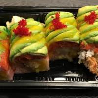 Christmas · Lobster tempura, mango wrap with soy paper top with spicy tuna, avocado, chef’s special sauce.
