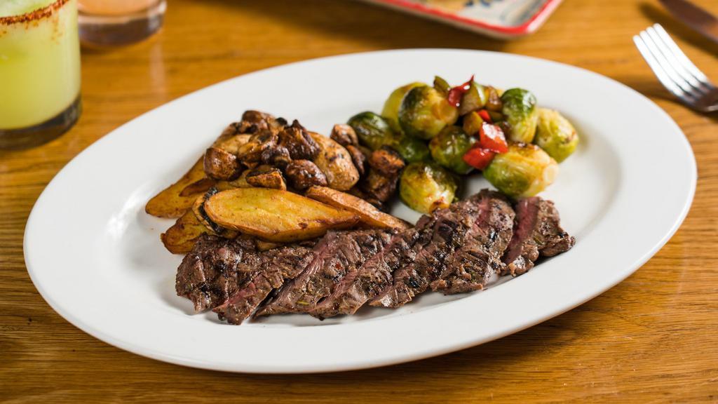 Carne Asada · Skirt Steak, Roasted Fingerling Potatoes With Mushrooms, Grilled Asparagus