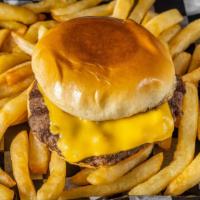Cheeseburger · Flame broiled 5 oz burger topped with American cheese on a fresh brioche bun.