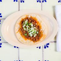 Ground Beef Taco · Picadillo. Lettuce, tomato, sour cream, cheese and hot sauce. 

Cilantro and onion is custom...