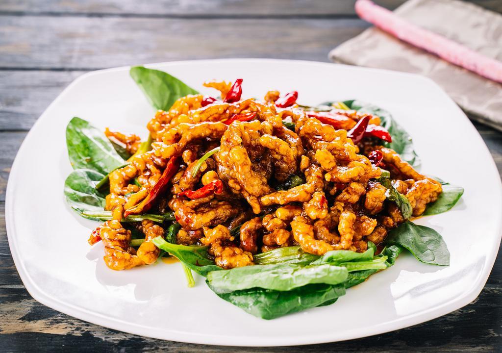 Crispy Shredded Spicy Beef · Hot and spicy.