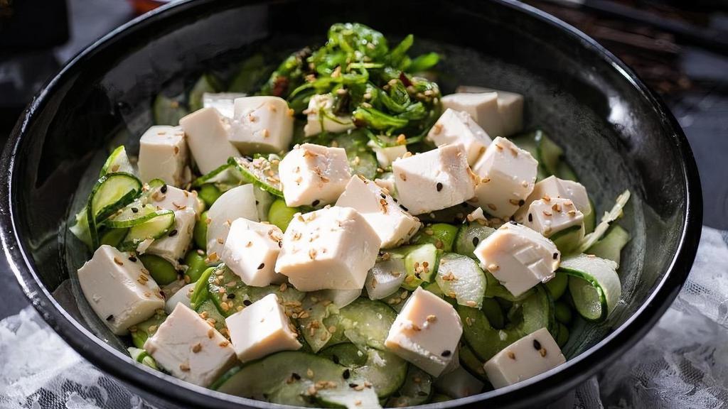 Vegetable Delight Bowl · Organic tofu, edamame, onion, seaweed salad, cucumber, sesame seeds,  with bed of sushi rice, sesame ginger on side