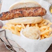 Sausage Basket · Choice of German grilled sausage, warm kaiser bun, shoe string fries & sauerkraut