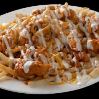 Buffalo Chicken Melt · Buffalo chicken strips and fries, smothered in melted monterey jack and cheddar cheese, driz...