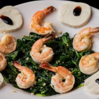 Sauteed Shrimp & Spinach · NEW-sauteed garlic shrimp with sauteed spinach, sliced of fresh mozzarella topped with balsa...