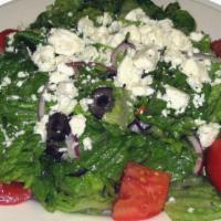 Greek Chicken Salad · Fresh crisp romaine lettuce, red onions, black olives, tomatoes, and feta cheese, tossed in ...