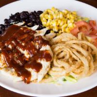 Bbq Chicken Salad · Fresh mixed greens tossed in ranch dressing, topped with black beans, corn, tomatoes, BBQ ch...