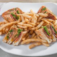 Club Sandwich · Shredded chicken, lettuce, tomatoes, ham, cheddar cheese, and extra crispy fries.