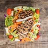 Grilled Chicken Tossed Salad · Romaine lettuce, mesclun greens,  carrots, peppers, cherry tomatoes, grilled chicken and our...