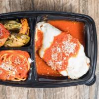 Chicken Parmigiana & Spaghetti With Grilled Vegetables · Antibiotic-free breaded chicken cutlets, melted homemade fresh mozzarella, our homemade mari...