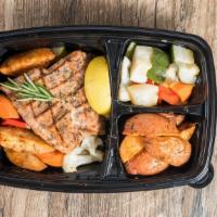 Grilled Scottish Salmon With Vegetables & Potatoes · Grilled Scottish salmon, green and yellow squash, peppers, cauliflower, carrots, soy sauce, ...