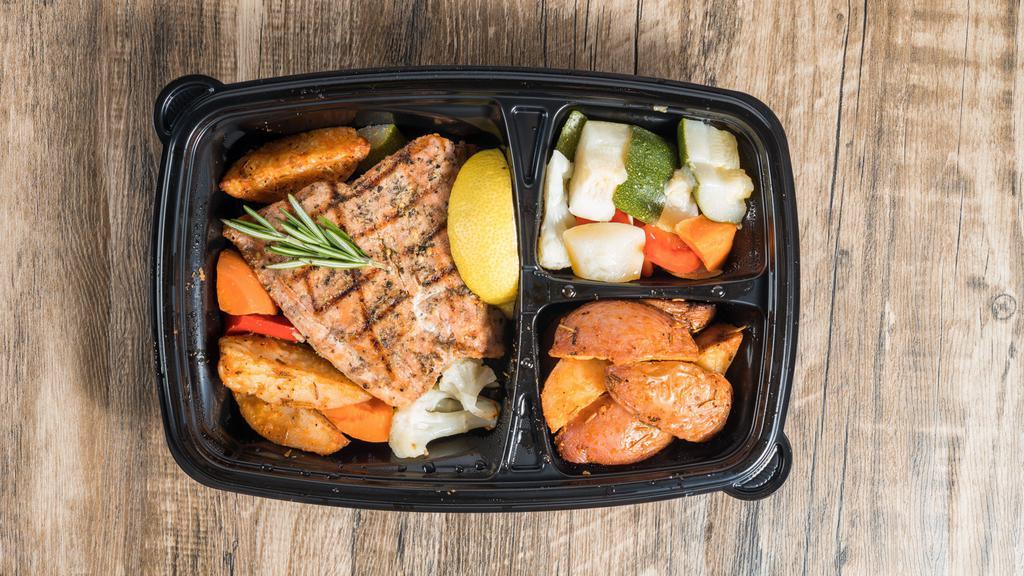 Grilled Scottish Salmon With Vegetables & Potatoes · Grilled Scottish salmon, green and yellow squash, peppers, cauliflower, carrots, soy sauce, sesame oil, potatoes, rosemary, olive oil.