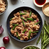 Sweet Soy Five Spice · Brown rice, turkey meatballs, green beans, red onions, toasted sesame seeds, and our sweet s...