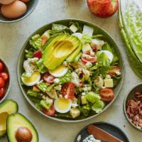 Cobb Salad (Gf) · Chopped romaine, roasted chicken, hard boiled egg, crispy bacon, apples, grape tomatoes, avo...