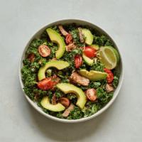High Protein Stir-Fry · Curly kale, double roasted steak, grape tomatoes, scallions, fried onions, fresh lime, avoca...