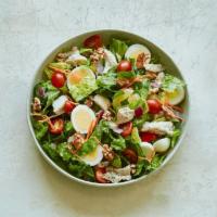 High Protein Salad (Gf) · Olive oil + balsamic vinegar, chopped romaine, roasted chicken, double hard-boiled egg, grap...