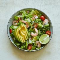 Whole Salad (Gf) · Chopped romaine, roasted shrimp, grape tomatoes, red onions, jalapeños, cilantro, and avocad...