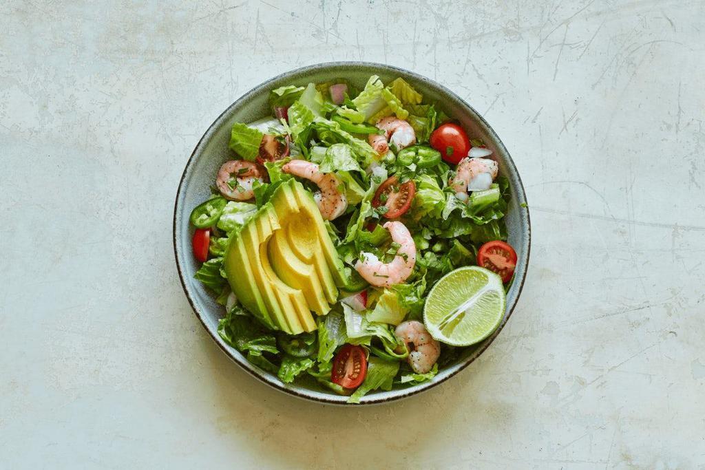 Whole Salad (Gf) · Chopped romaine, roasted shrimp, grape tomatoes, red onions, jalapeños, cilantro, and avocado, topped with a squeeze of lime.