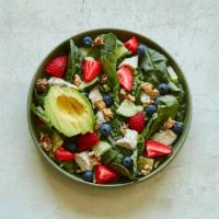 Paleo Salad (Gf) · Organic baby spinach, roasted chicken, cucumber, scallions, strawberries, blueberries, avoca...