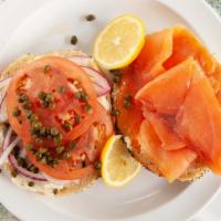 Lox Spectacular · Fresh nova lox, plain cream cheese, tomato, red onion and capers.