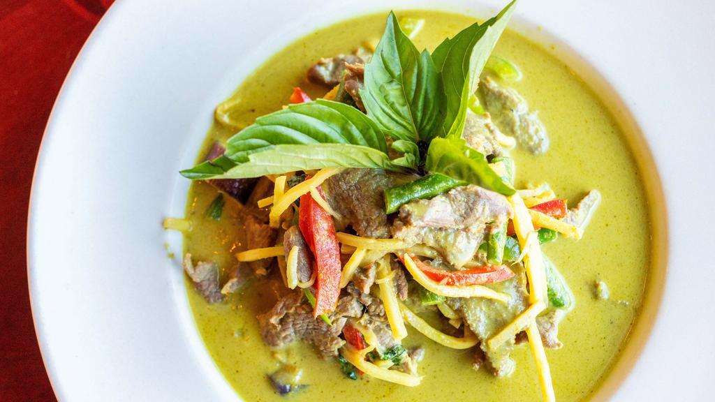 Green Curry Lunch - Gluten Free - Spicy · Eggplant, bamboo shoots, string beans, red bell pepper, Thai basil and the protein of your choice, in coconut green curry sauce. Served with Jasmine rice, and a mixed green side salad under peanut dressing.