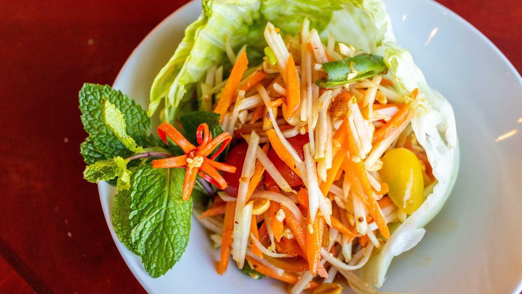 Som Tom - Gluten Free - Spicy · Shredded green papaya, dried shrimp, string beans, carrot, tomato and peanuts served under a Thai chili lime vinaigrette.