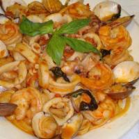 Frutti Di Mare Lunch · Seafood entrée. Shrimp, clam, calamari and mussels in a marinara sauce served over your choi...