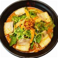 Spicy Miso Ramen · Hot. Pork broth, spicy miso base, Toro chashu (5), cabbage, bean sprouts, spinach, carrots s...