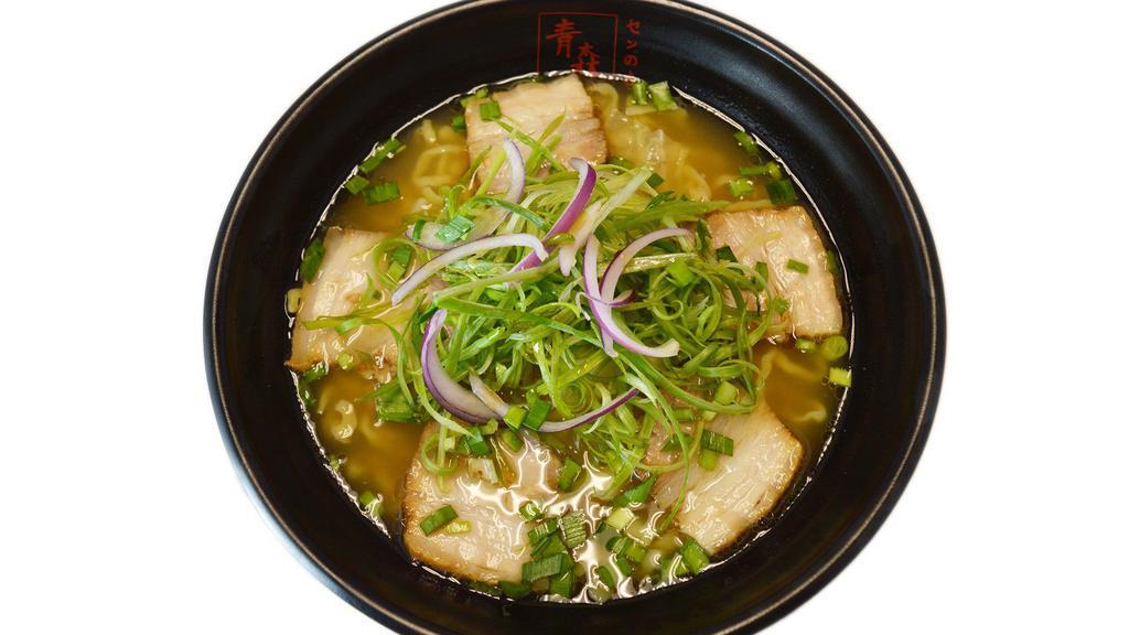 Green Chili Shio Ramen · Hot. Pork broth, shio base, shoyu base Toro chashu (5), spicy green chili, Napa, red onion, shredded green onion, and Asian chives.