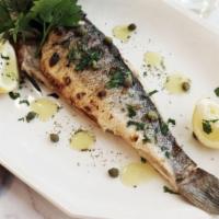 Whole Lavraki · Charcoal grilled with Ioanian tsigaria vegetables and lemon potatoes