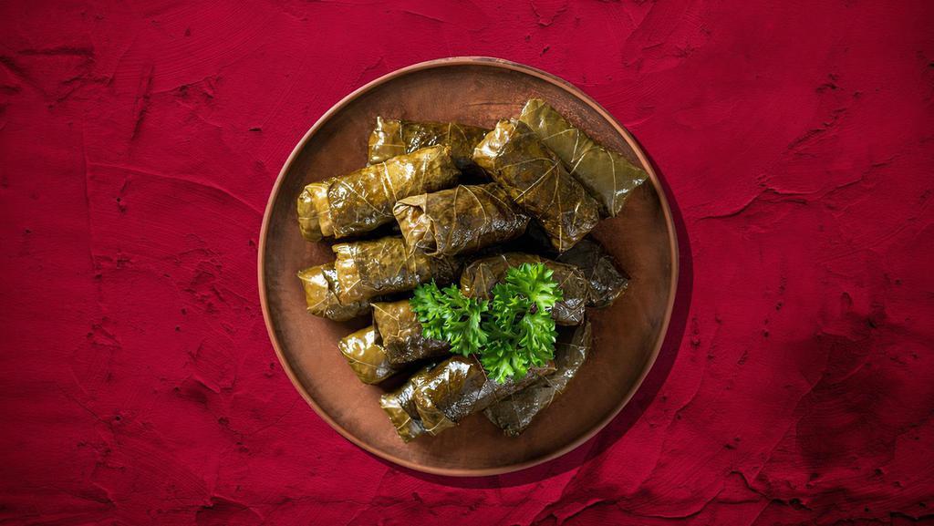 Dolma Destiny · Fresh grape leaves are stuffed with Stuffed with vegetables, rice, herbs & spices served over a bed of salad