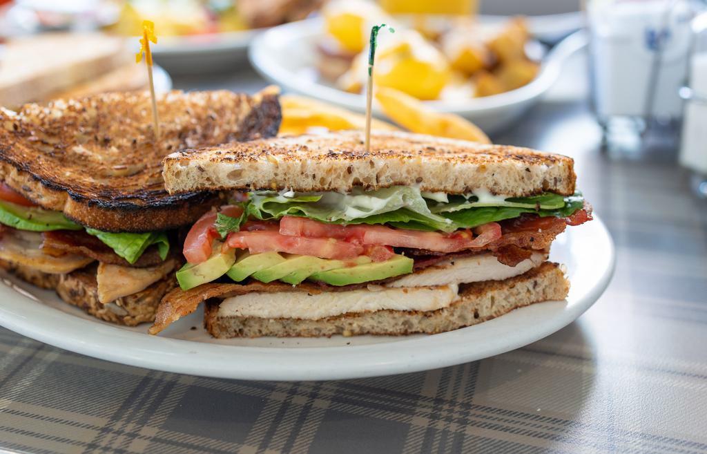 Chicken, Avocado And Bacon Club · Chicken, avocado, bacon, lettuce, tomato, and mayo on multigrain bread.