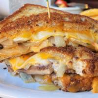 Gourmet Grilled Cheese · American, Swiss, cheddar, grilled onions, and mushrooms on multigrain.