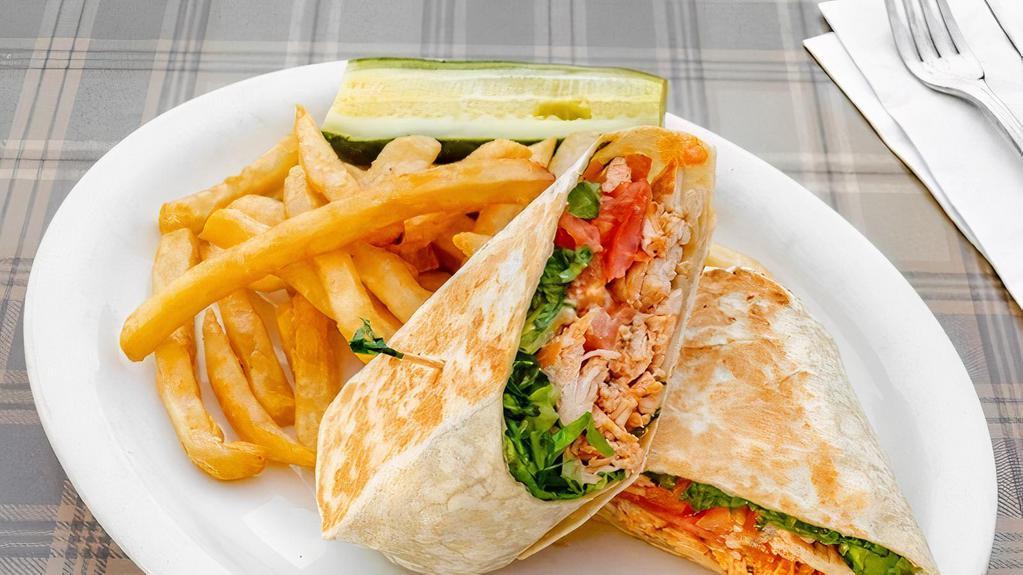 Buffalo Chicken Wrap · Grilled or crispy Buffalo chicken, blue cheese, shredded lettuce, and tomato.