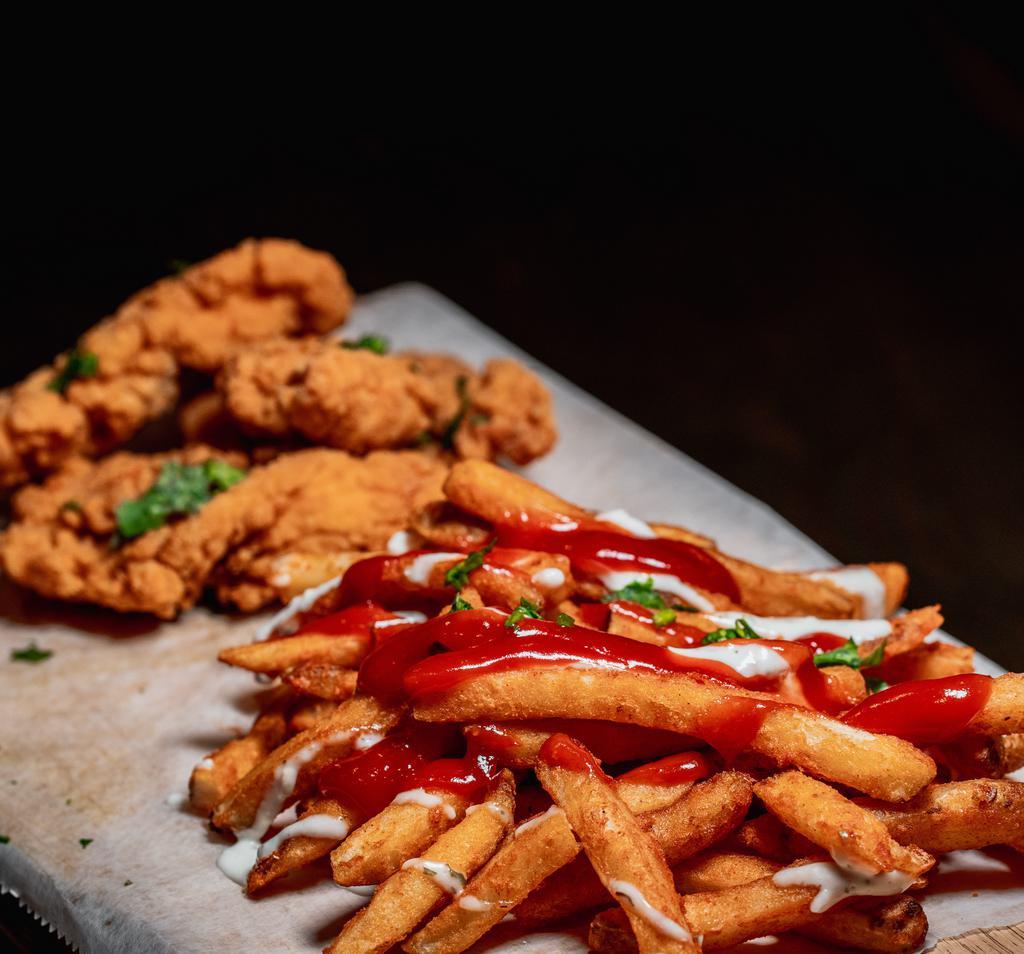 3 Chik'N Tenders With Fries · Get a serving of four fresh, crispy and golden brown chicken tenders fried served with side of fries. Ingredient: chicken, potato, coriander.