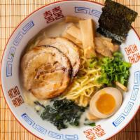 Rich Tonkotsu Shoyu Ramen · House-made savory pork bone noodle soup with soy sauce, toppings comes with braised chashu, ...