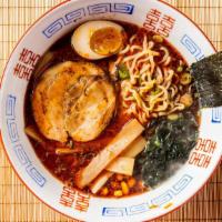Korean Kimchi Ramen · House-made savory pork bone spicy kimchi soup based with toppings comes with braised chashu,...